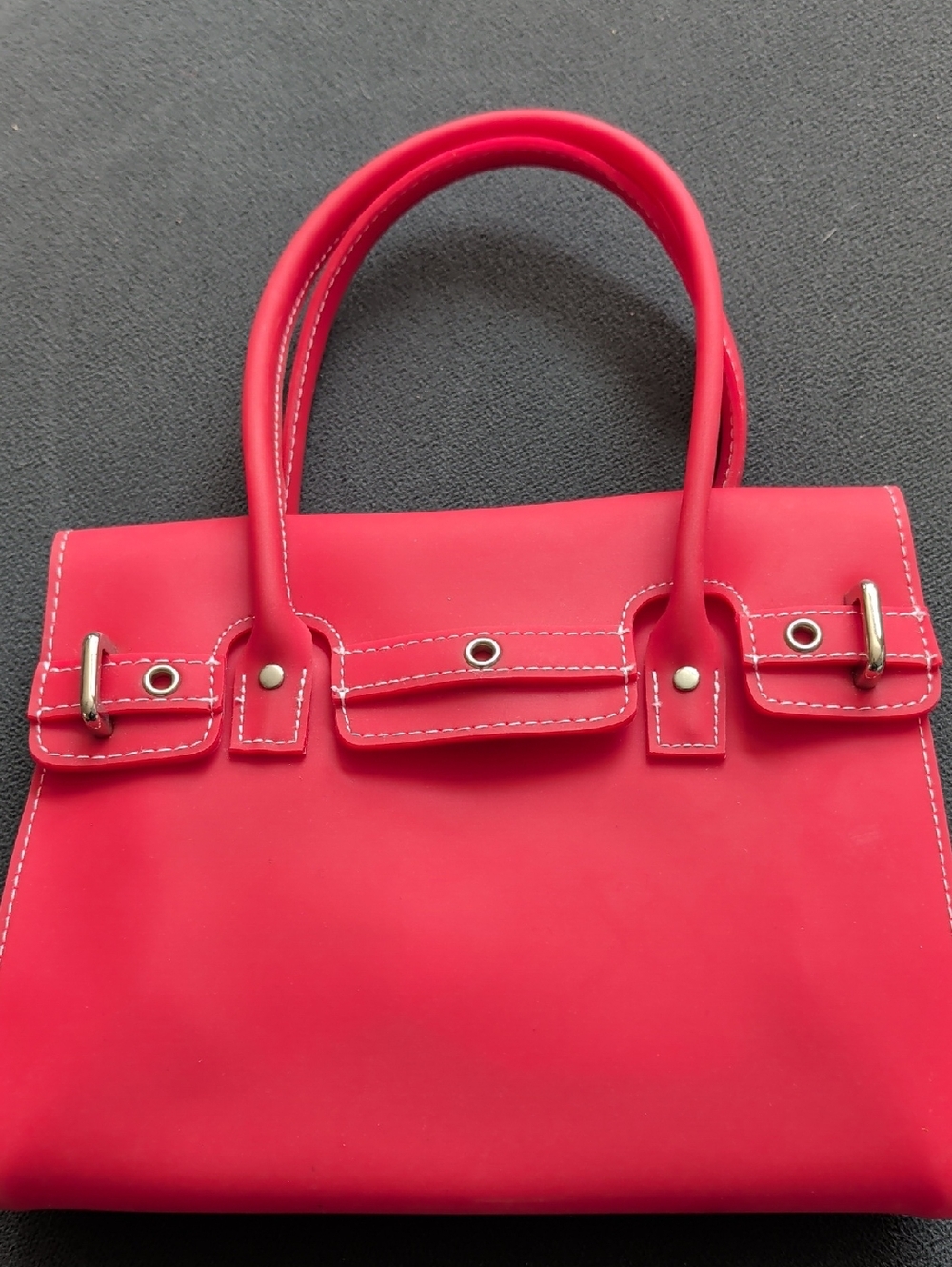Red Mini Top-Handle Jelly Bag with Contrast Stitching